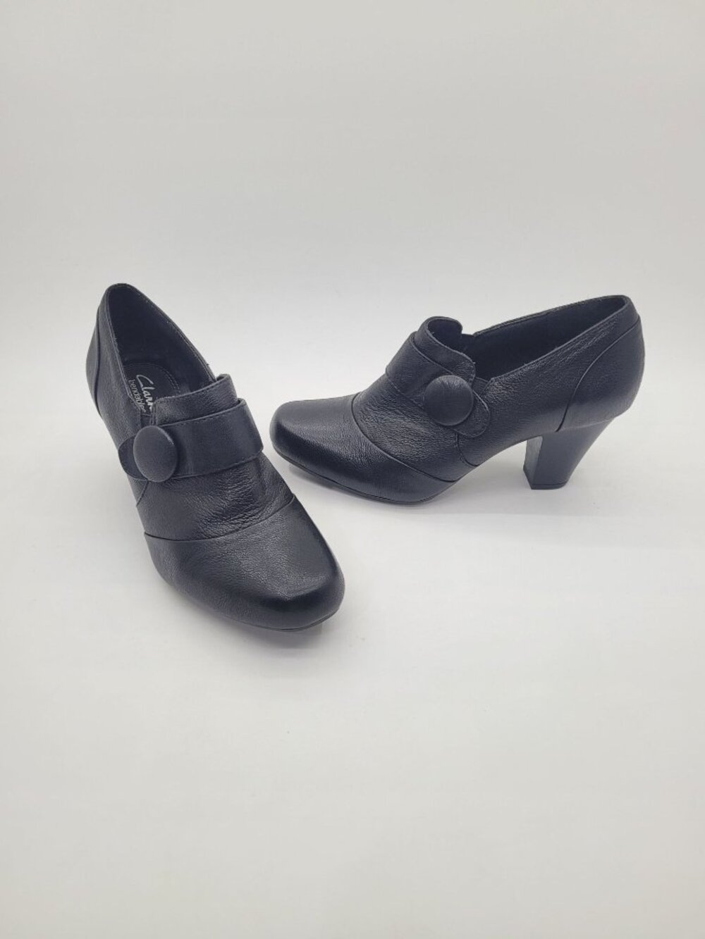 Pristine Clarks Bendables Drift Away Pumps Heels Black Leather Size 7.5 Shooties